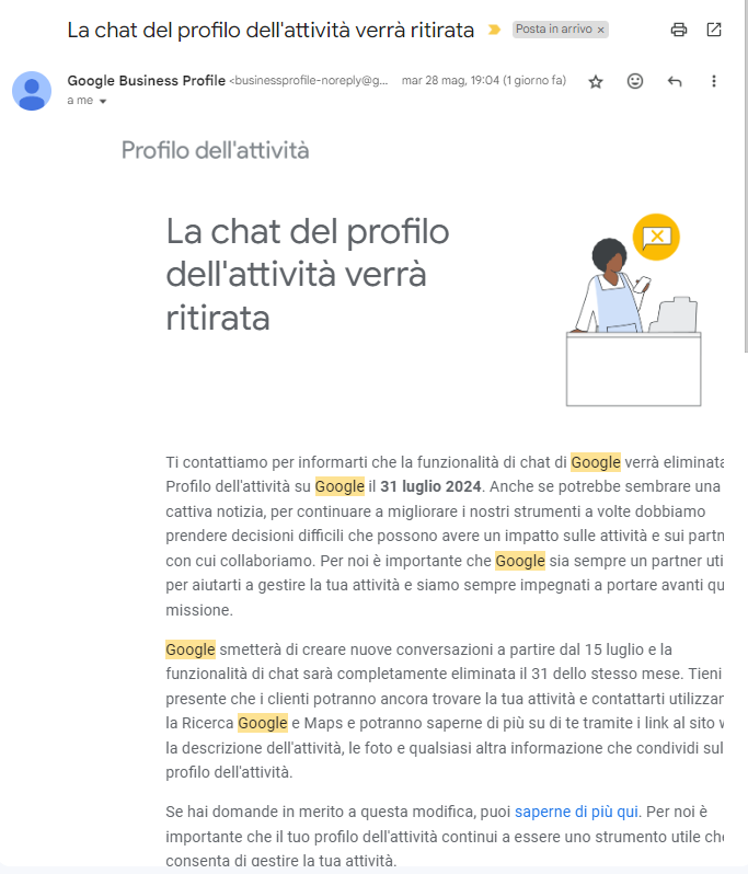 email la chat profilo attività di google sta per essere ritirata
